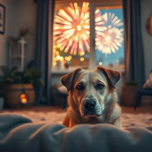 A calm dog in a safe home environment during fireworks.