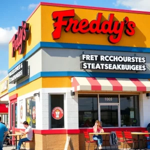 Exterior view of Freddy's Frozen Custard & Steakburgers in Huntsville with outdoor seating