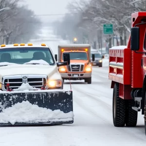 Snow-covered street in Huntsville, Alabama with snow plow trucks