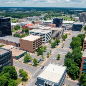 A vibrant view of Huntsville's commercial area showcasing modern structures and greenery.