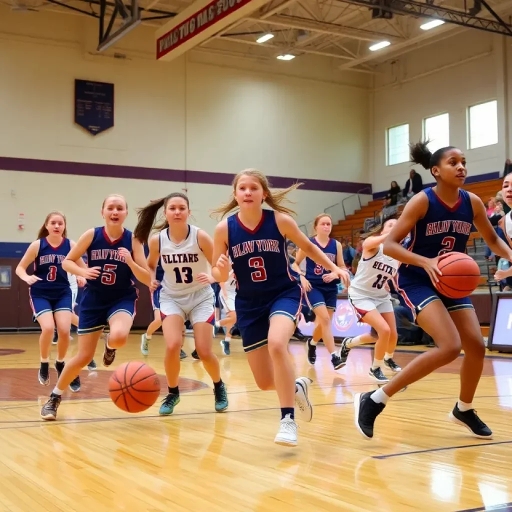 Players from Huntsville high school basketball team in action during a game.