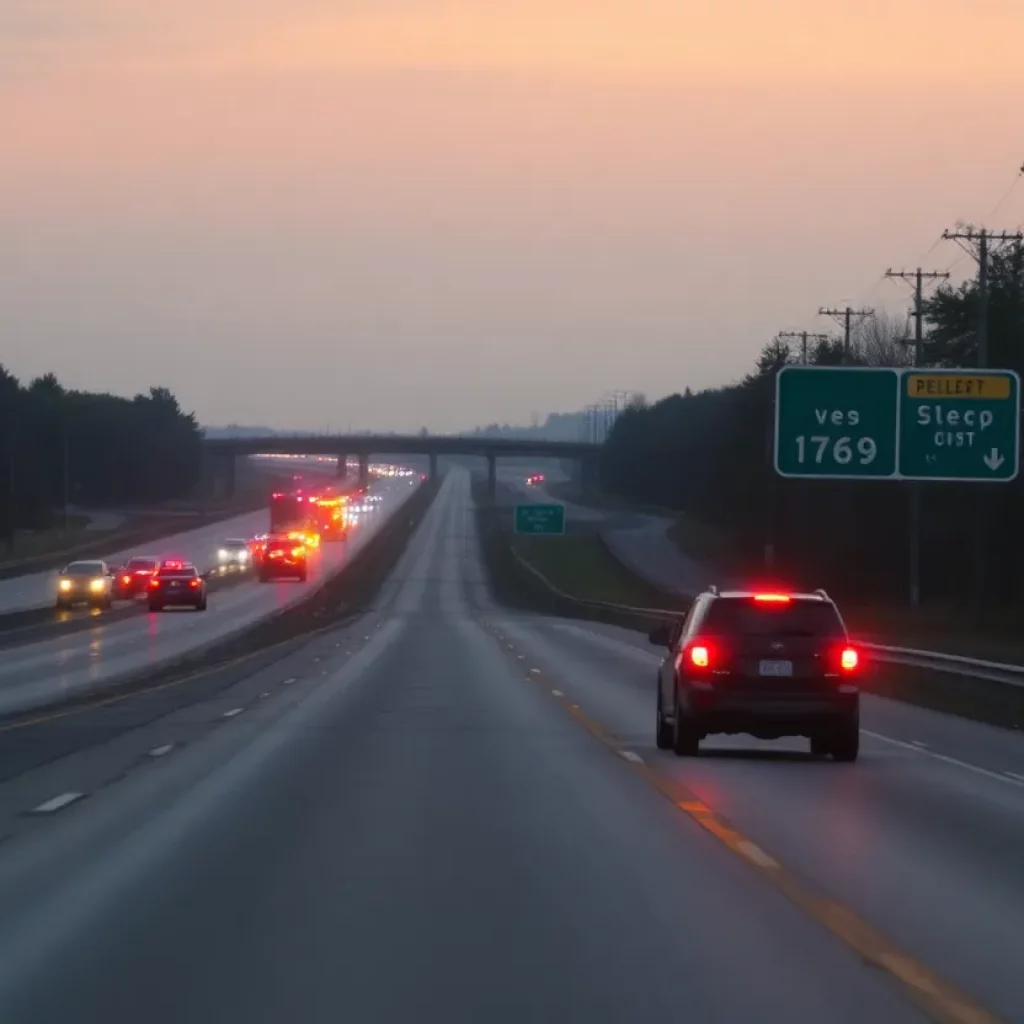 Empty stretch of Interstate 565 in Huntsville with emergency vehicles