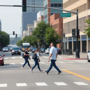 Pedestrians crossing a busy street in Huntsville