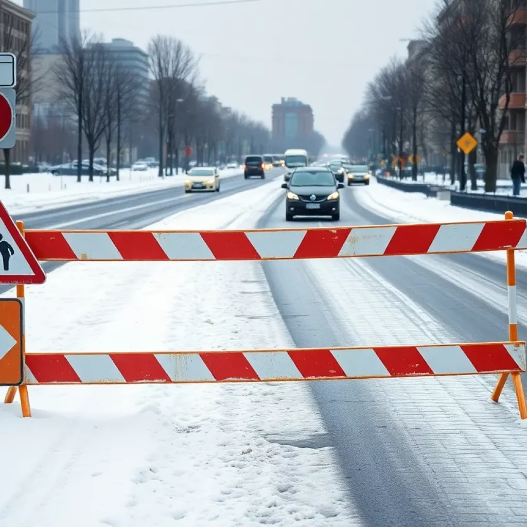 A snowy road with a barricade and warning signs for road safety in Huntsville.