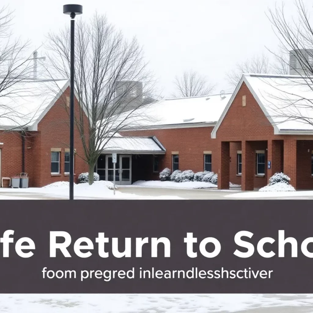 Huntsville school building with snow in winter