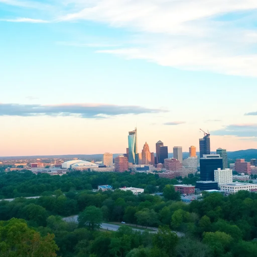 Panoramic view of Huntsville Alabama skyline with natural surroundings