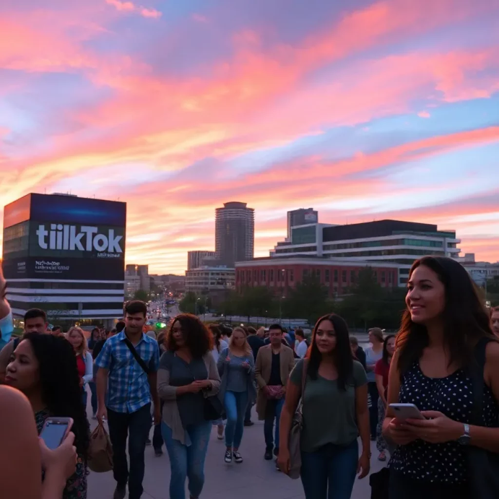 Huntsville city skyline with residents socializing about TikTok