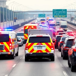 Traffic jam on I-565 due to an accident with emergency responders present