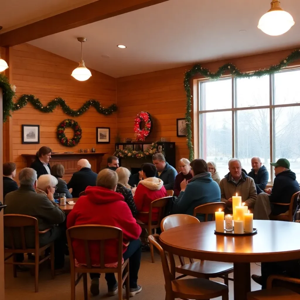 People inside a warming center in Huntsville during cold weather