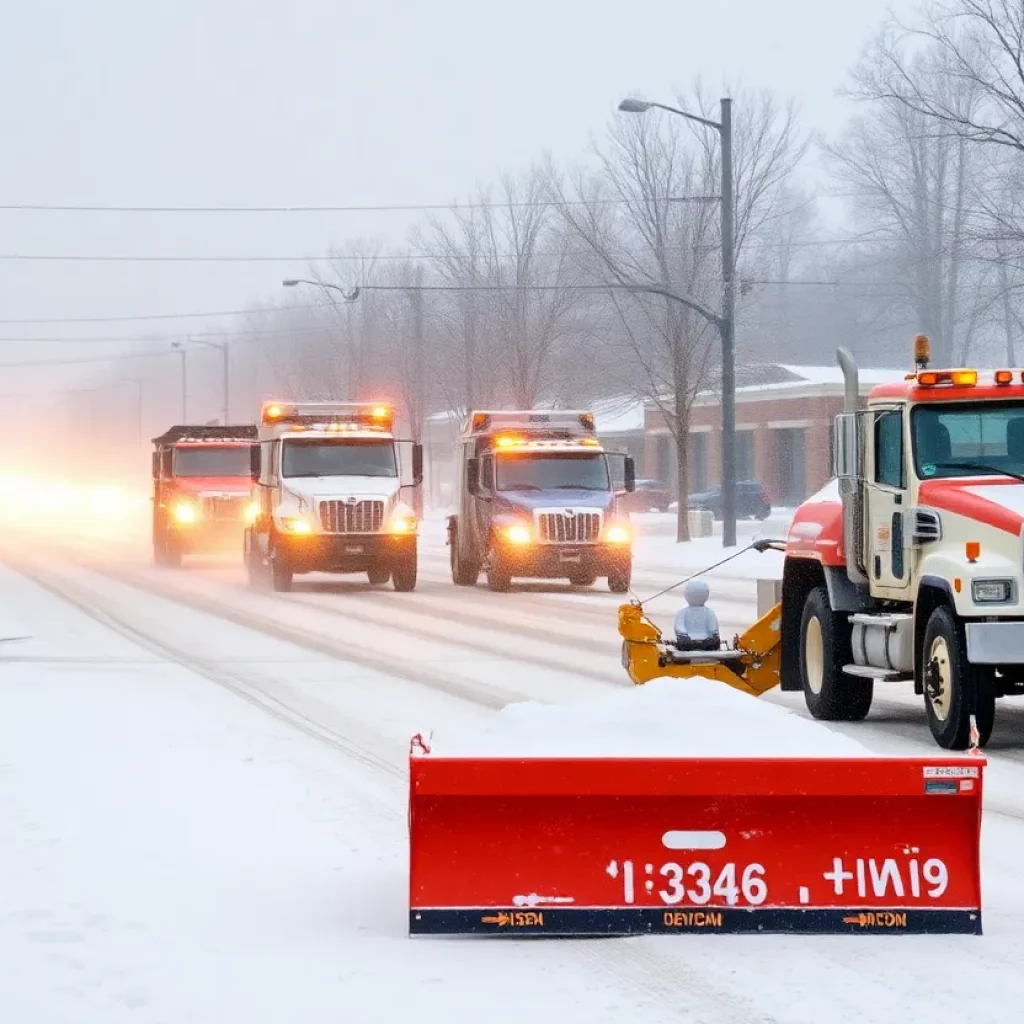 City trucks equipped with snow plows and roads covered in snow in Huntsville.