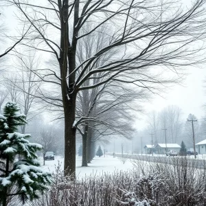 A winter scene in Huntsville, Alabama with strong winds and snow.