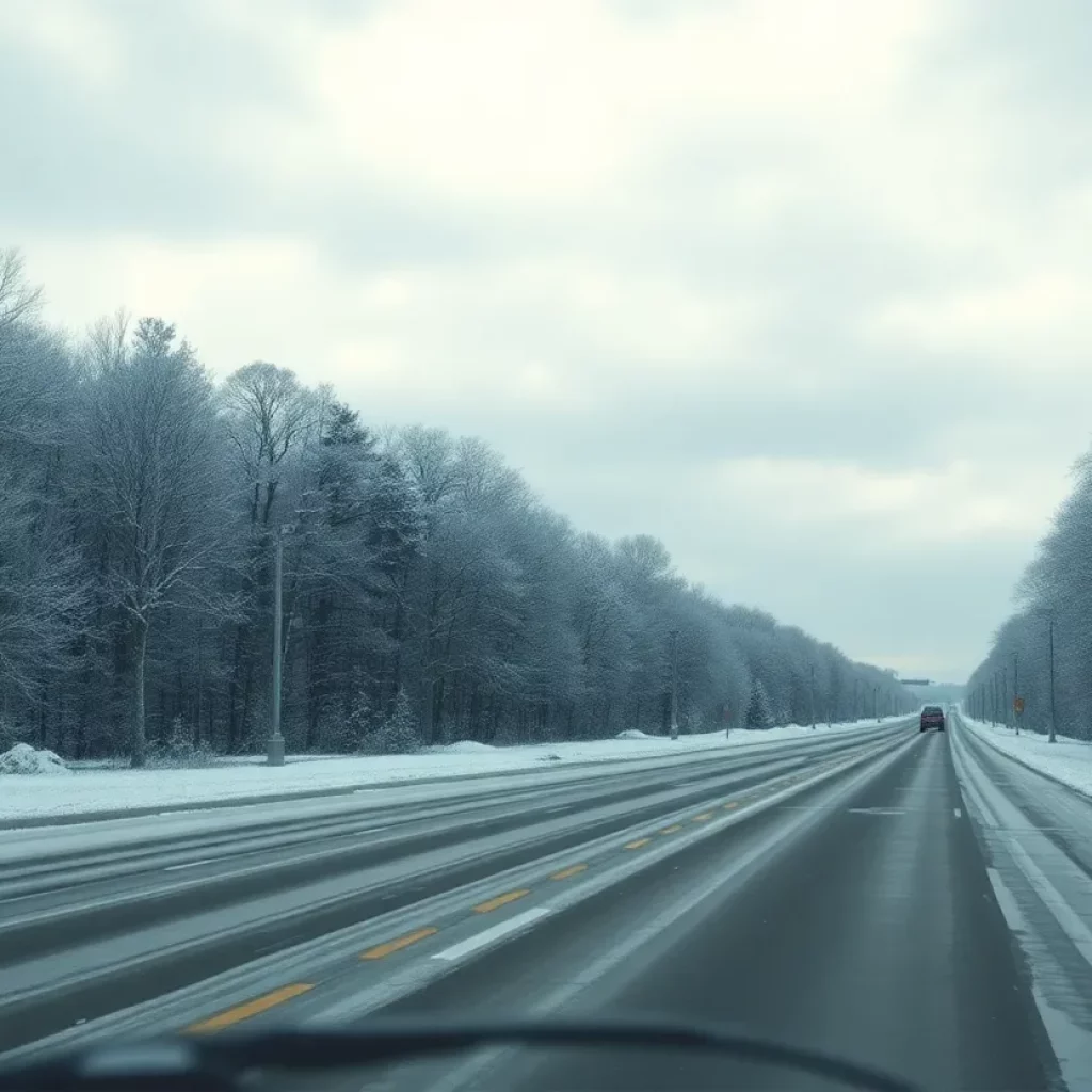 Icy and snowy landscape in Alabama with warning signs.