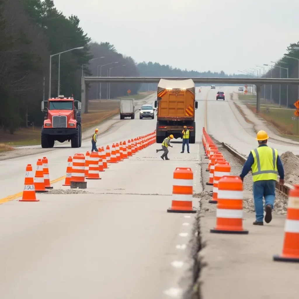 Workers and machinery at the Interstate 565 widening project site in Madison County