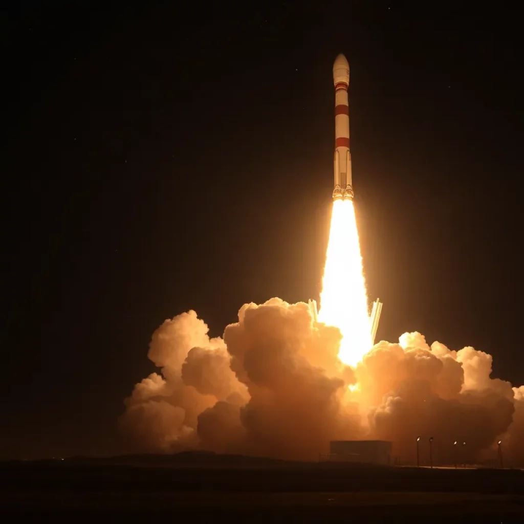 A heavy-lift rocket taking off with a bright plume of smoke.