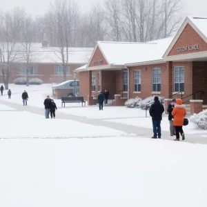 Snow-covered school in North Alabama during winter storm