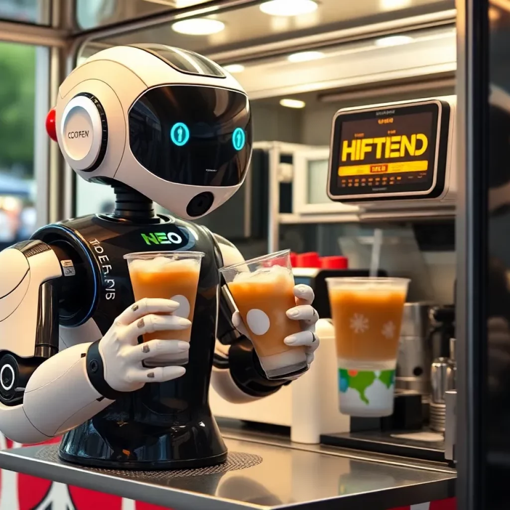 Coffee-making robot named Mary serving iced beverages in a food truck.