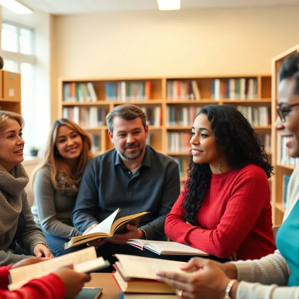 Diverse adults participating in a spring learning event at a library in Huntsville.