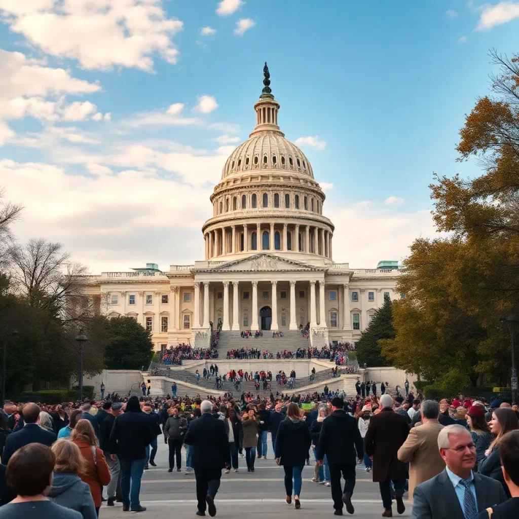 U.S. Capitol building with representatives arriving for the new Congress session.