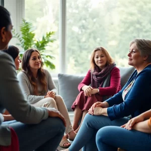 Women veterans participating in a support group meeting for PTSD