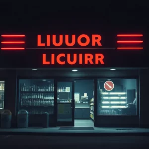 Dark nighttime exterior of a liquor store in Huntsville, Alabama.