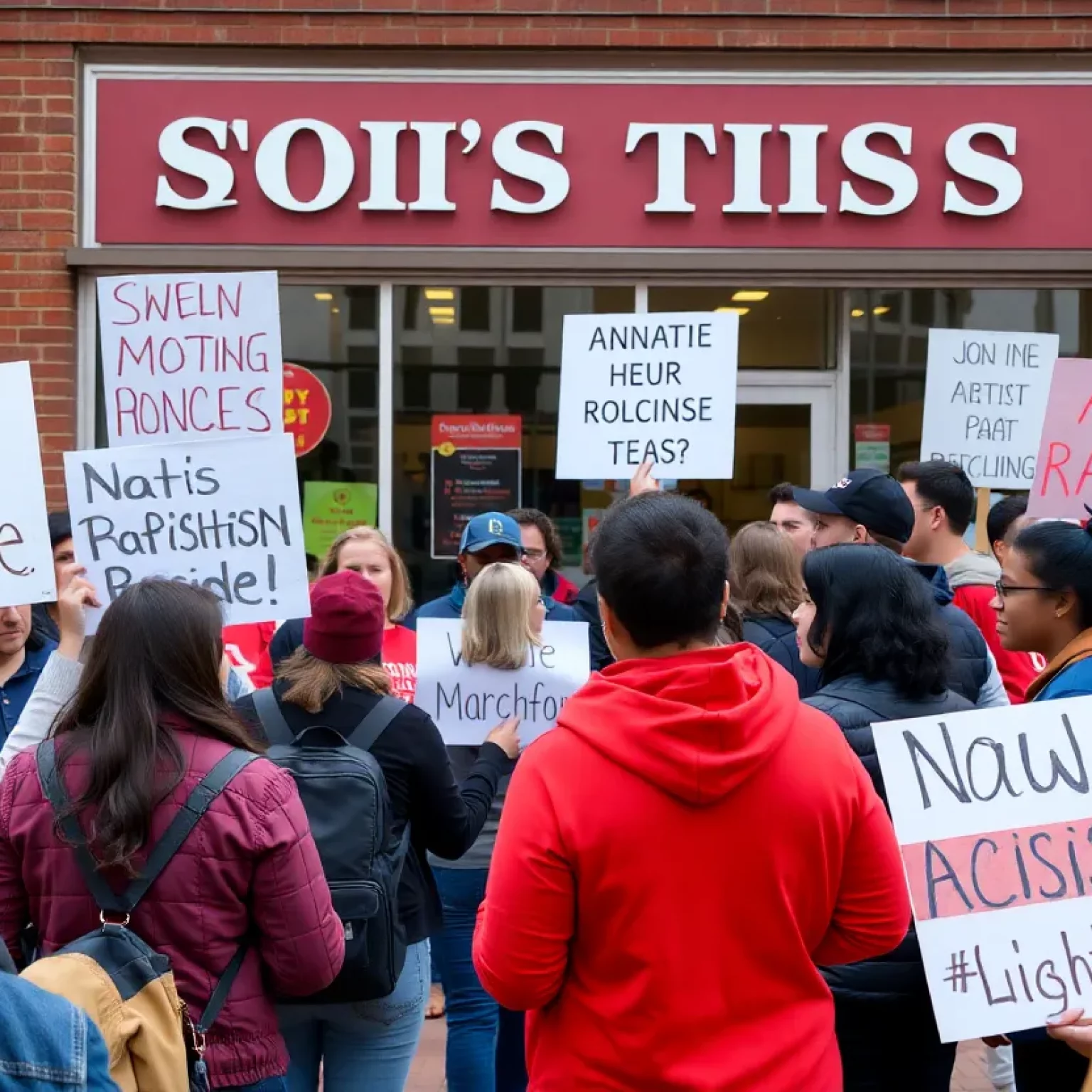 Community members gathered outside a store discussing anti-racism