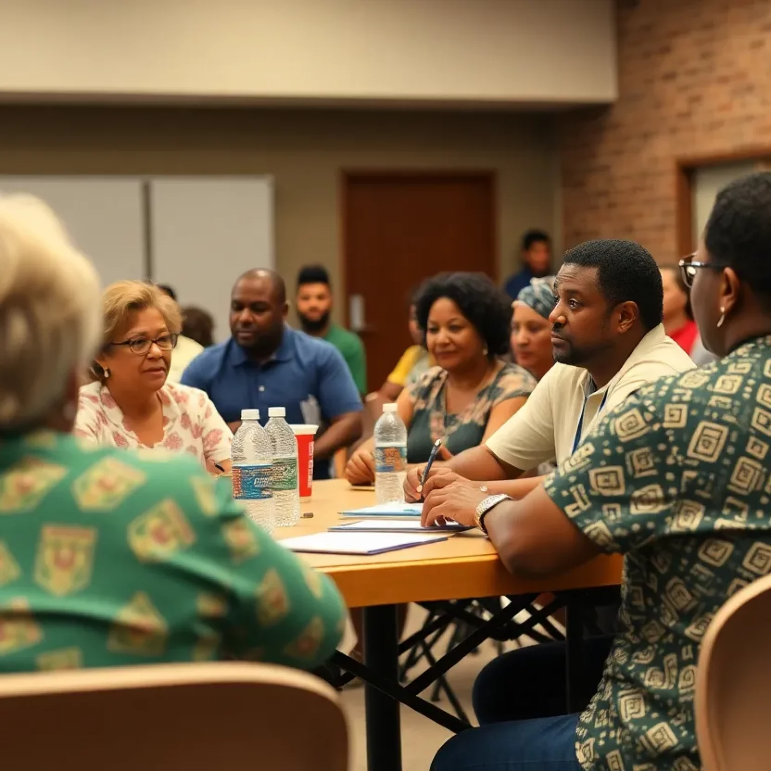 Residents engaging in a community meeting discussing local issues in Madison, Alabama.