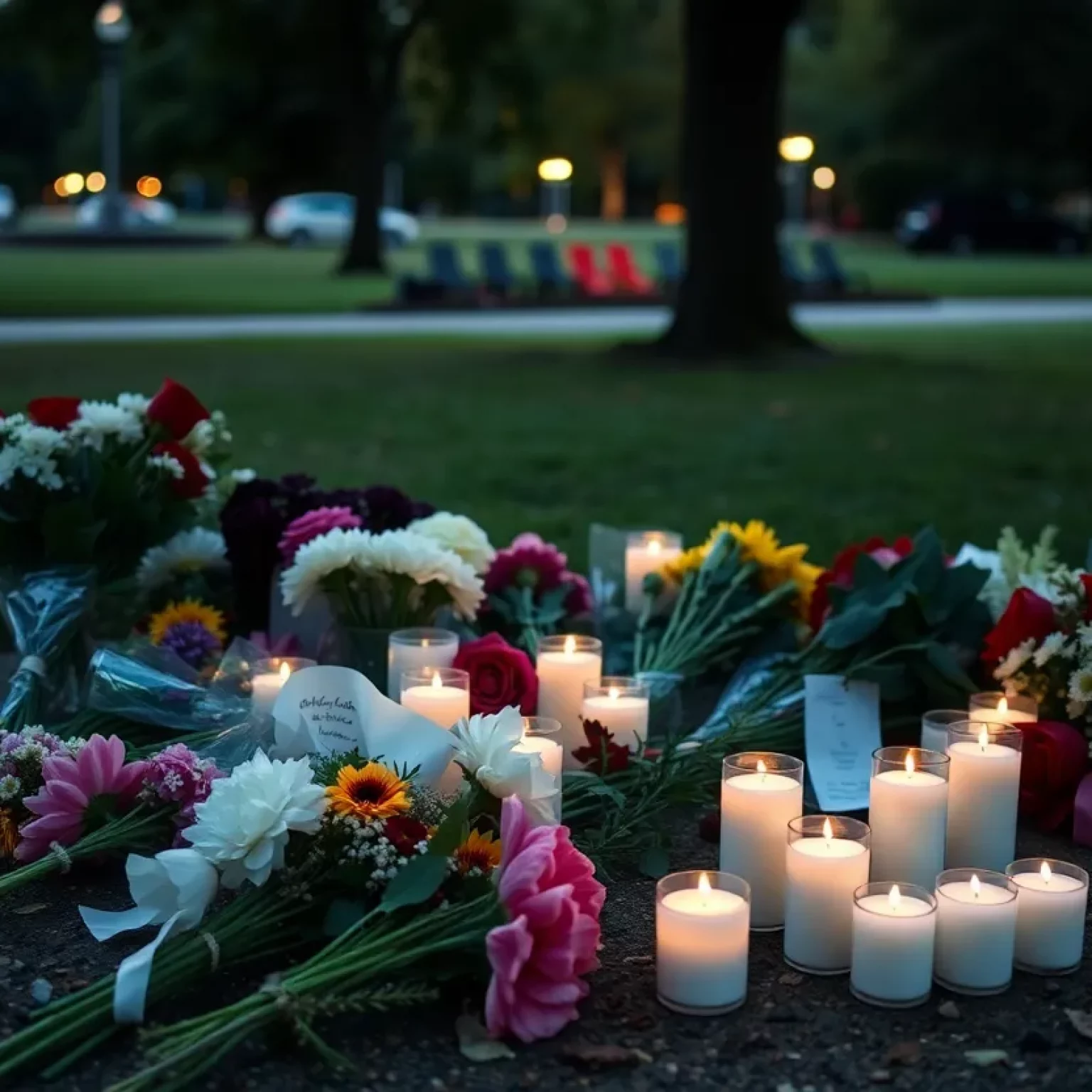 Memorial with flowers and candles for shooting victims in Huntsville.