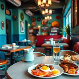 Interior of Flying Biscuit Cafe in Huntsville with brunch tables
