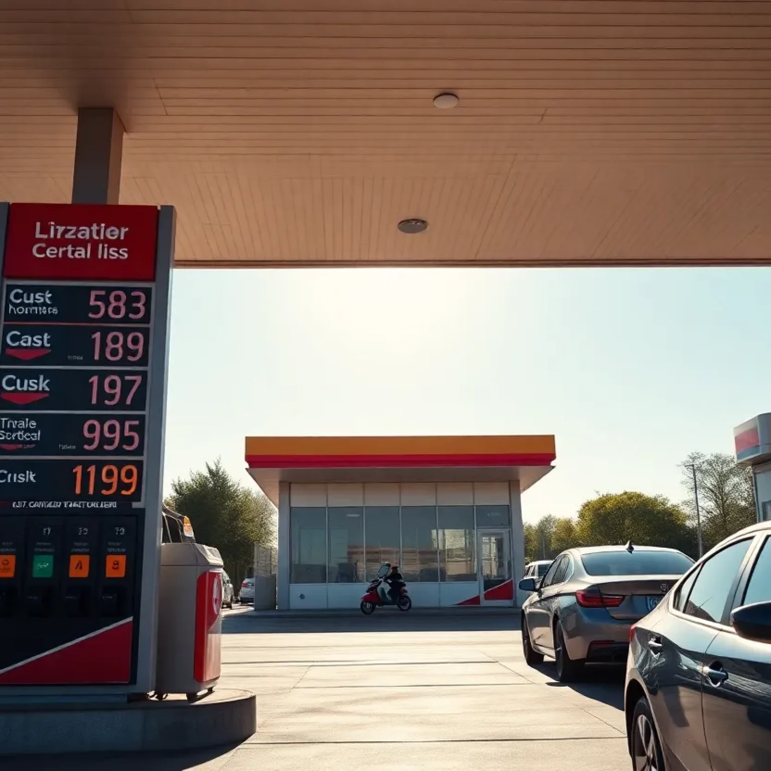 Gas station with fuel price signs and cars refueling.