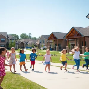 New K-8 school development in Huntsville with children and families enjoying the community