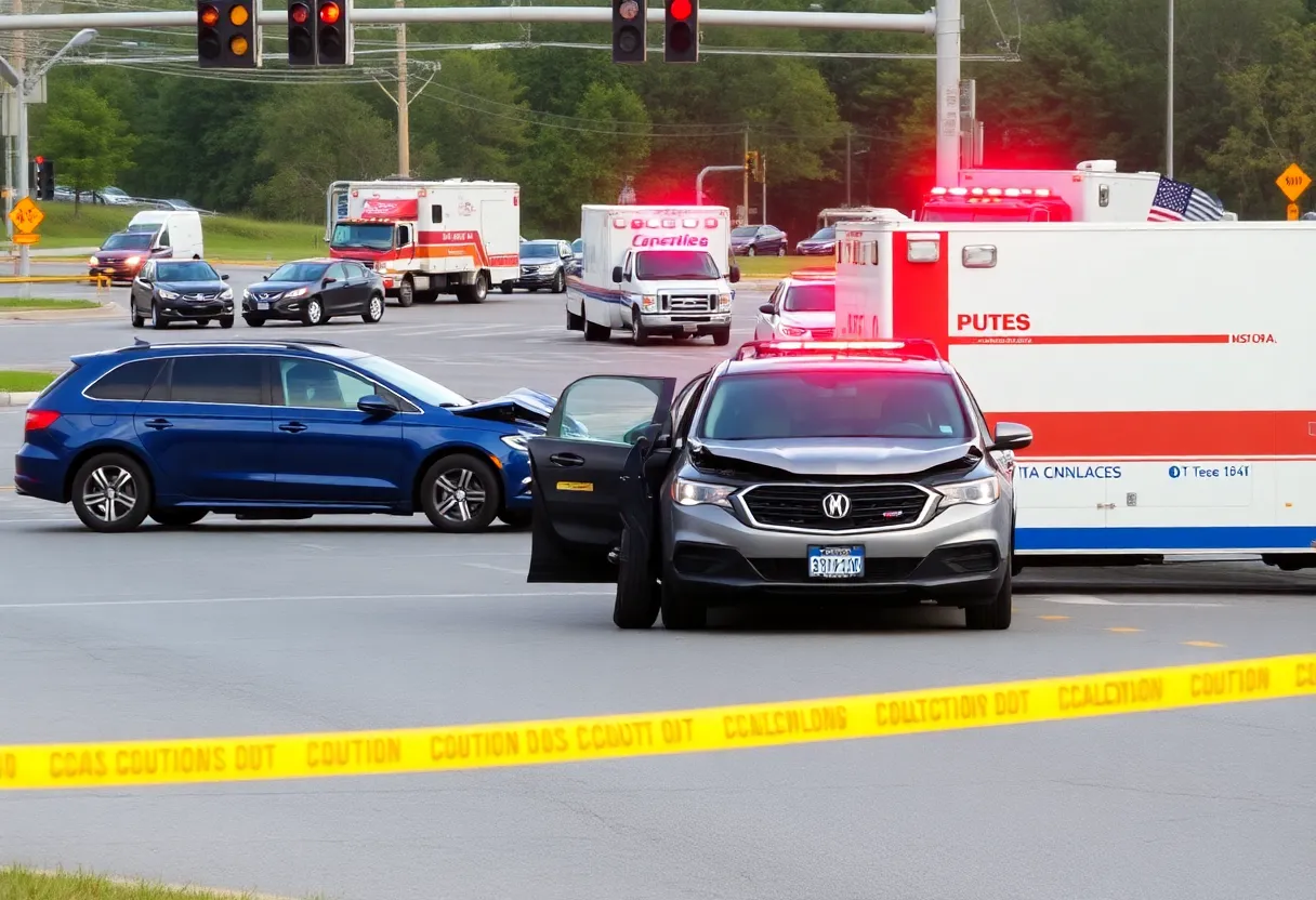 Emergency vehicles at the scene of a multi-vehicle crash in Huntsville, Alabama.