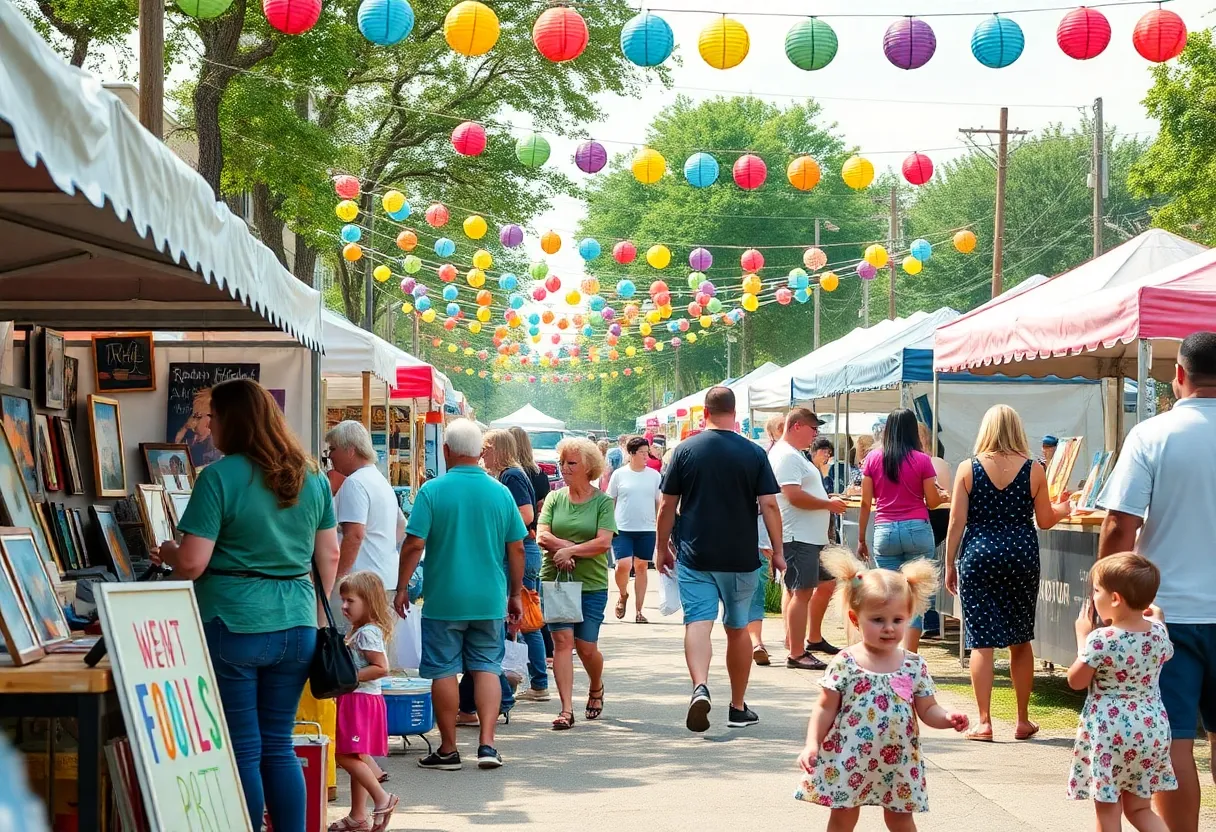 Families enjoying a community festival in Huntsville with art and food activities.